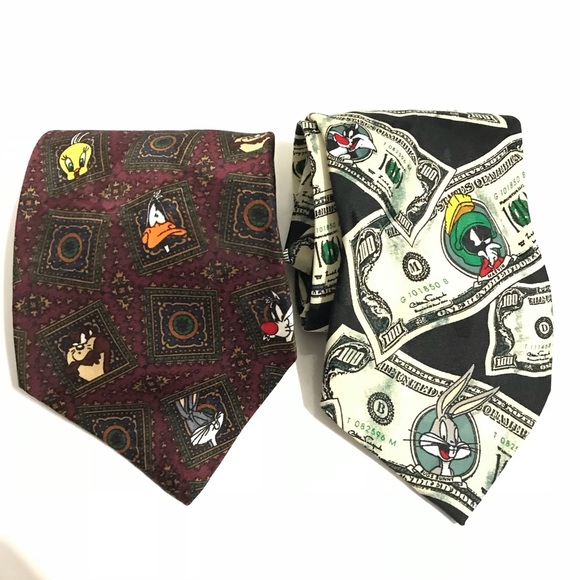 LOONEY TUNES Bunny Taz Tweety Dollar  tie 4” and black tie bundle Vintage - Picture 1 of 5